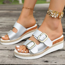 KissICON Silver / 41 Buckle Decor Wedges Sandals for Women Summer Light
