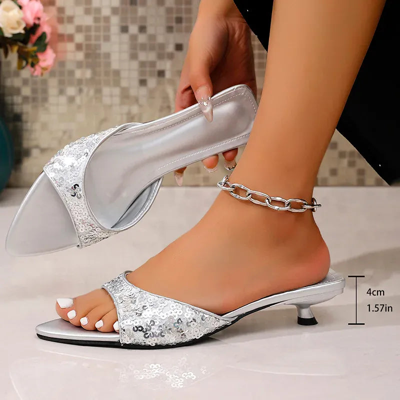 KissICON Silver / 41 Shiny Sequin Low Heels Sandals for Women Plus