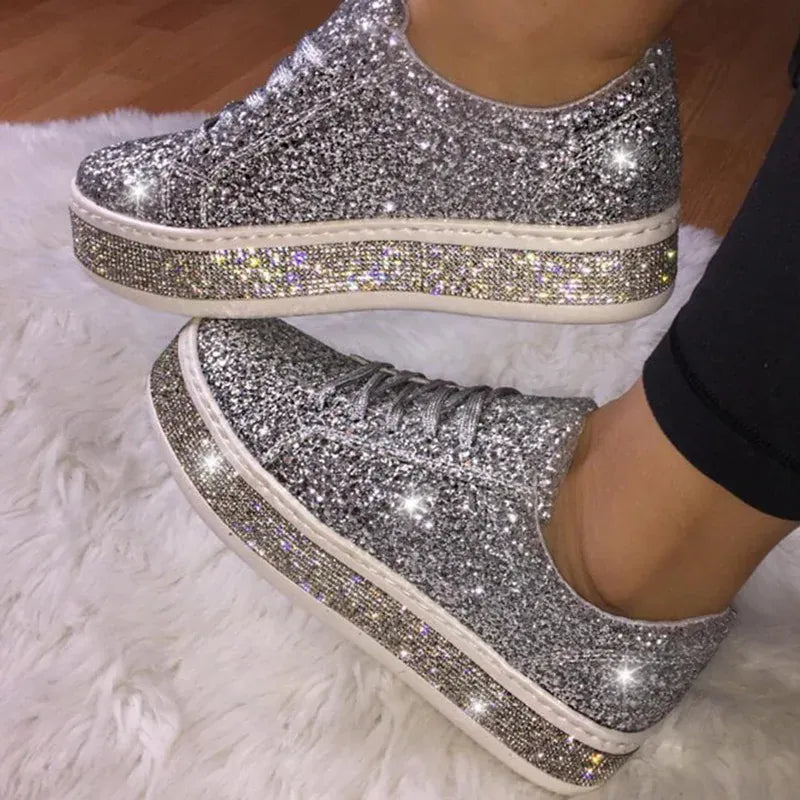 Dropshipman Silver / 42 2023 Women Vulcanize Shoes Sneakers Sliver Bling Shoes Girl Flat Glitter Sneakers Casual Female Breathable Lace Up Sport Shoes