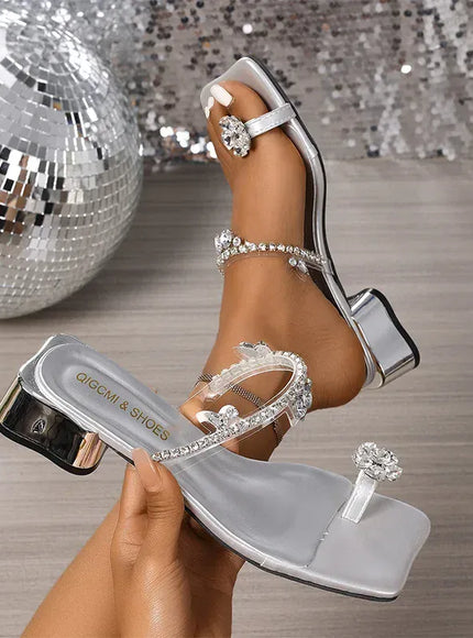 KissICON Silver / 42 Large Shiny Crystal Thick Heels Sandals for Women