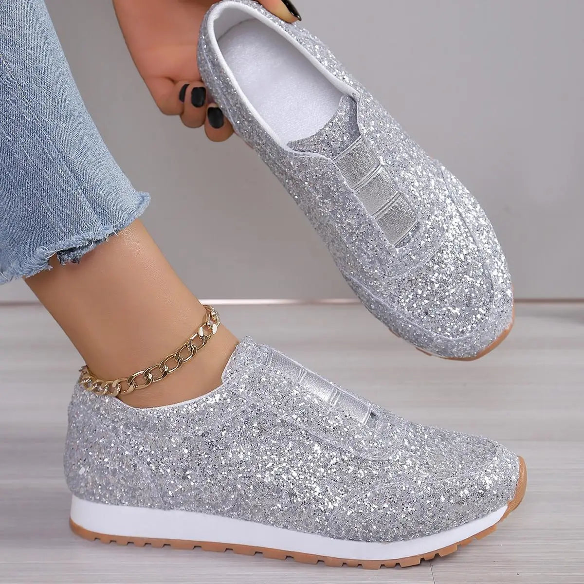 Dropshipman silver / 43 Women's Silver Glitter Sneakers For Women Bling Shoes Slip-on Casual Trend Platform Sport Shoes Woman Non-slip Vulcanize Shoes