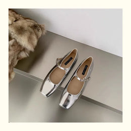 KissICON Silver / 44 Retro Square Toe Shallow Mouth Silver Flat Shoes