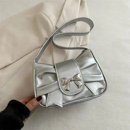 Dropshipman Silver-Bow Trendy Bow Shoulder Bag Handbag Casual Underarm Bag Daily Commuting Bags PU Leather Lady Banquet Bag Business Women's Bags