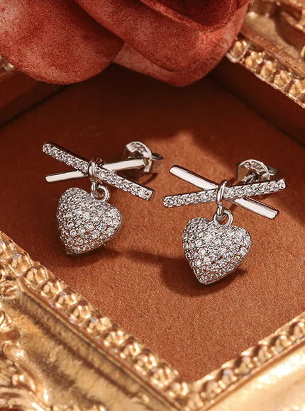 KissICON Silver 💋 Elegant Full-Diamond Heart Earrings - Sparkling Zircon