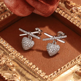 KissICON Silver 💋 Elegant Full-Diamond Heart Earrings - Sparkling Zircon