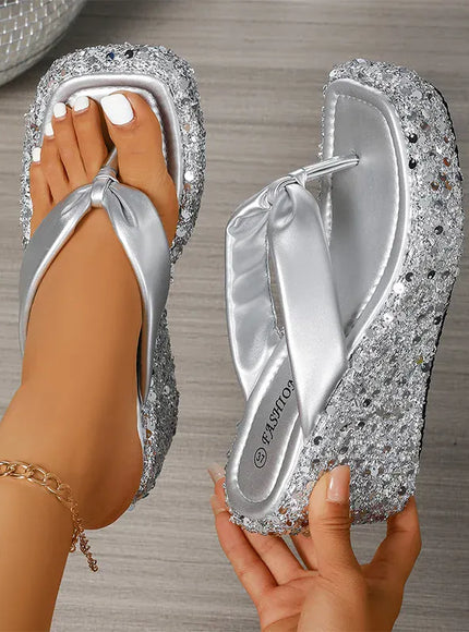 KissICON Silver Gold Shiny Sequin Wedge Slippers for Women