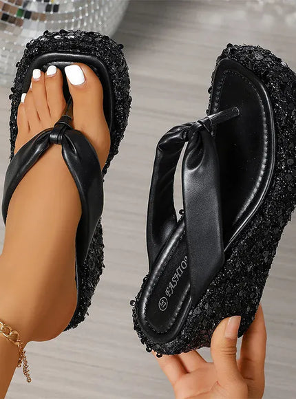 KissICON Silver Gold Shiny Sequin Wedge Slippers for Women