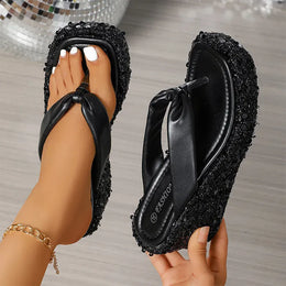KissICON Silver Gold Shiny Sequin Wedge Slippers for Women
