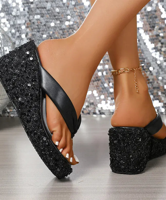 KissICON Silver Gold Shiny Sequin Wedge Slippers for Women