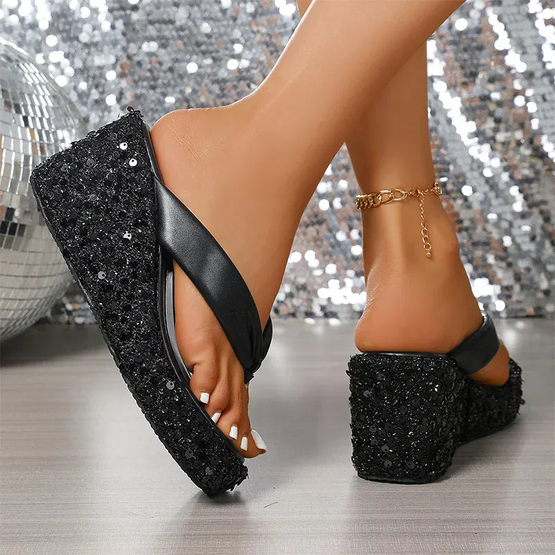 KissICON Silver Gold Shiny Sequin Wedge Slippers for Women