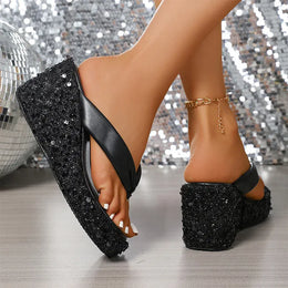 KissICON Silver Gold Shiny Sequin Wedge Slippers for Women