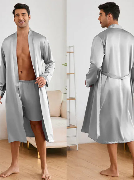 KissICON Silver Grey / L Baroque Silky Satin Lounge Set Robe Shorts Nightgown