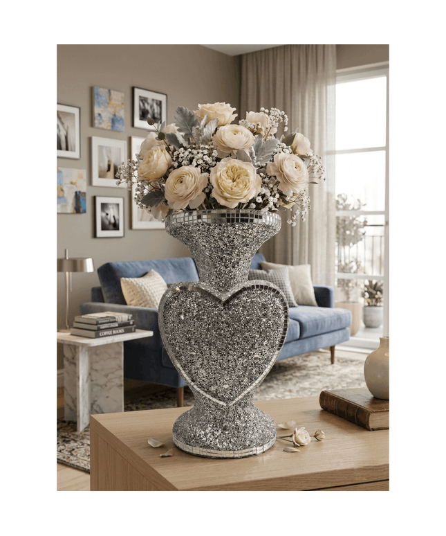 jkthpu-45 Silver Heart-Shaped Silver Glitter Vase – 30 × 15 cm Mirror Mosaic Crystal-Look Flower Pot, Sparkly Decorative Vase for Home & Gift