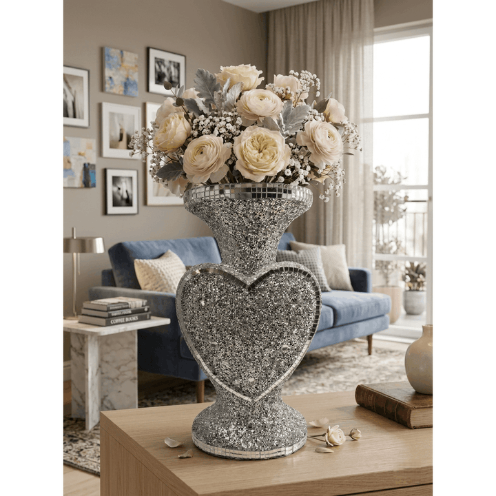 Heart-Shaped Silver Glitter Vase – 30 × 15 cm Mirror Mosaic Crystal-Look Flower Pot, Sparkly Decorative Vase for Home & Gift
