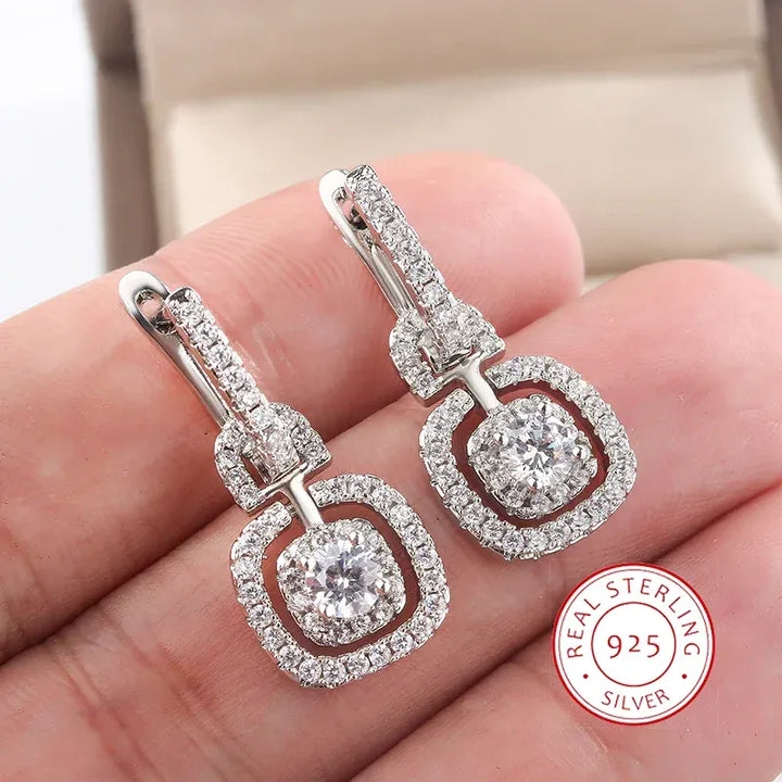 Kiss Icon Silver Square Drop Earrings - Elegant Zircon Shine