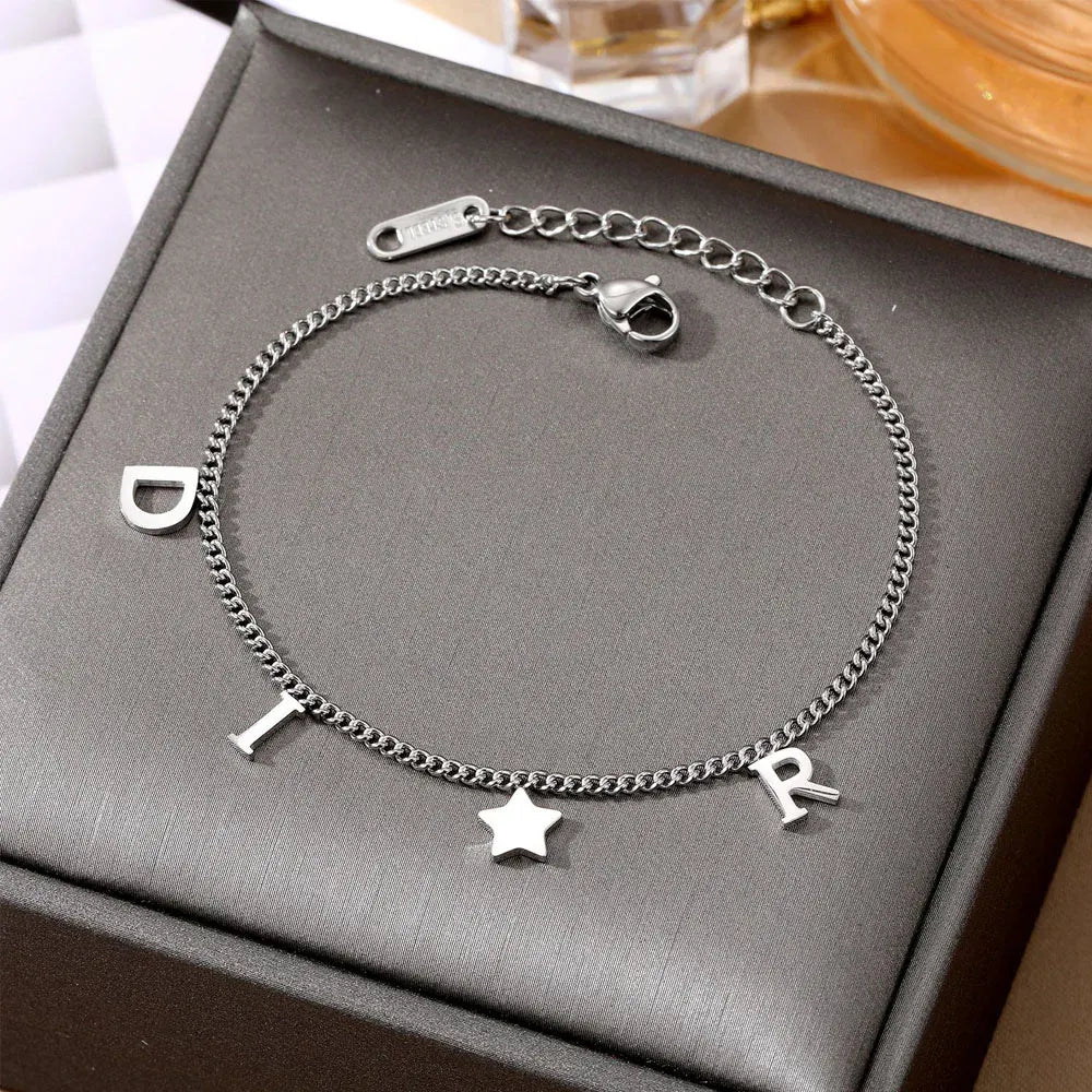 KissICON Silver Korea Letter Star Pendant Bracelet for Women Girl New Trendy Stainless Steel Simple Wristlet Luxury Jewelry Party Gift