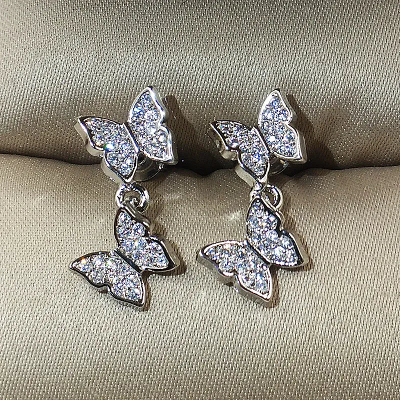 KissICON silver NEW 925 Silver Plated Shine Temperament Cute Butterfly Stud Earrings For Women Trendy Charming Anniversary Gift Jewelry