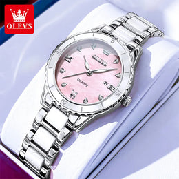 KissICON Silver Pink / China Mainland / Yes OLEVS Women Watch Diamond Roman Scale Waterproof Calendar Elegant Quartz Watches Ceramic Strap Luxury Original Girls Watch 9985