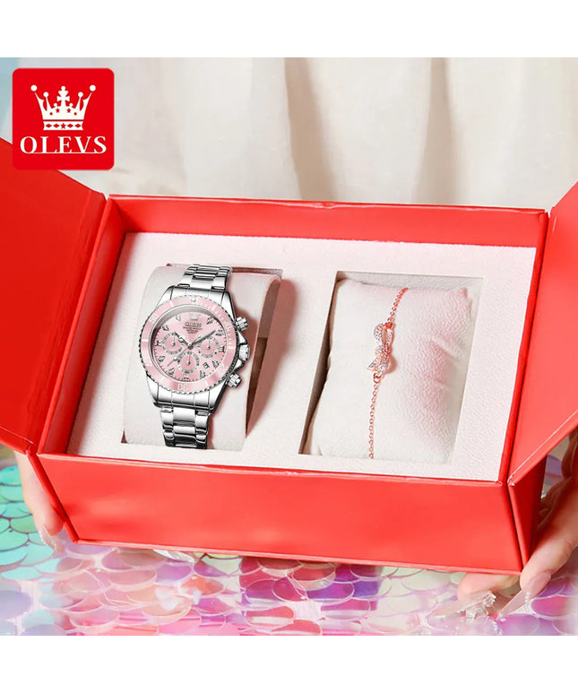 jkthpu-45 Silver Pink Set / Yes / CHINA KissIcon Olevs Women Watch 5632 - Elegant Chronograph