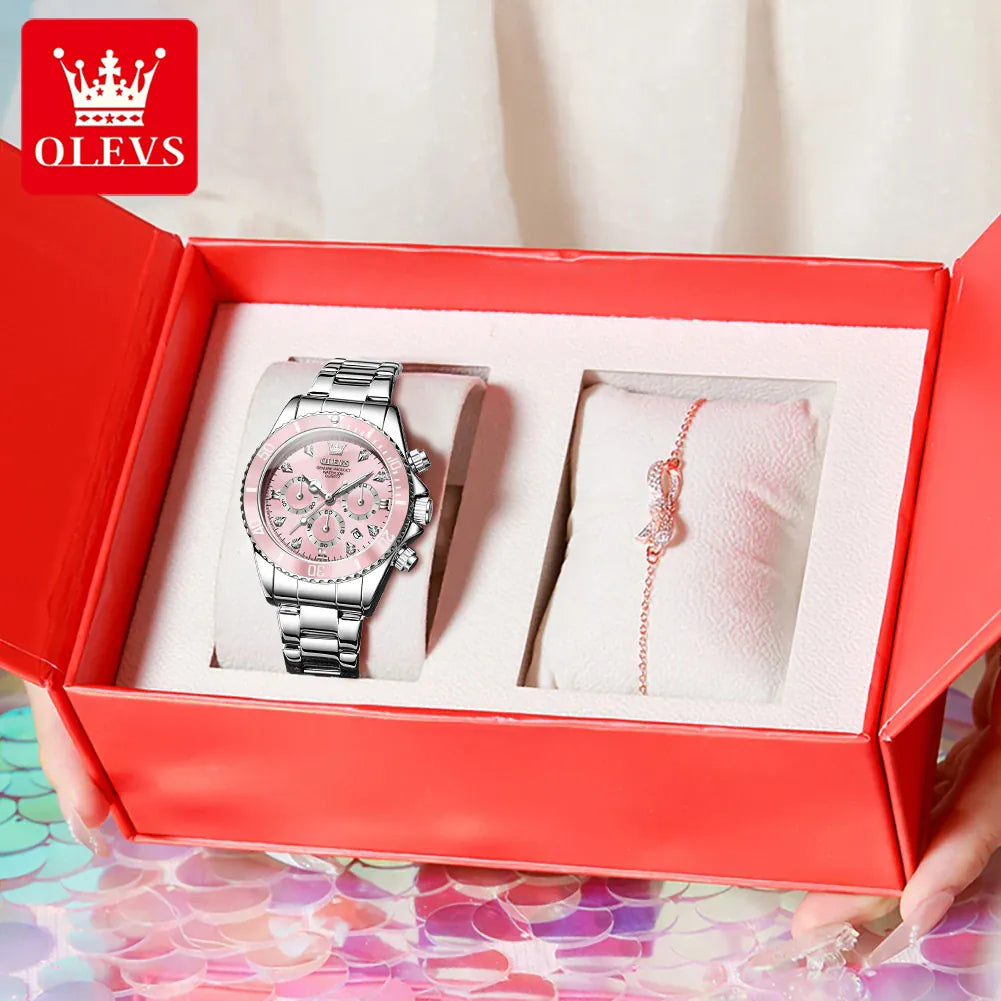 jkthpu-45 Silver Pink Set / Yes / CHINA KissIcon Olevs Women Watch 5632 - Elegant Chronograph