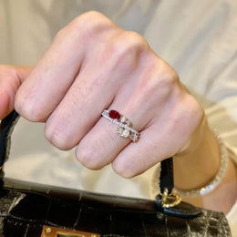 KissICON Silver / resizable Classic Fresh Elegant Ring with Red Diamonds Unique Light Luxury Interlocking Design Rings for Women Party Jewelry Gifts
