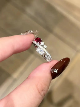 KissICON Silver / resizable Classic Fresh Elegant Ring with Red Diamonds Unique Light Luxury Interlocking Design Rings for Women Party Jewelry Gifts
