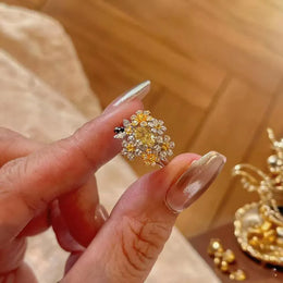 KissICON Silver / resizable Yellow Diamond Small Floral Ring Luxurious and High-end Feel Open Index Finger Ring Simple Socialite Style Jewelry Accessories