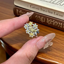 KissICON Silver / resizable Yellow Diamond Small Floral Ring Luxurious and High-end Feel Open Index Finger Ring Simple Socialite Style Jewelry Accessories