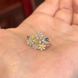 KissICON Silver / resizable Yellow Diamond Small Floral Ring Luxurious and High-end Feel Open Index Finger Ring Simple Socialite Style Jewelry Accessories