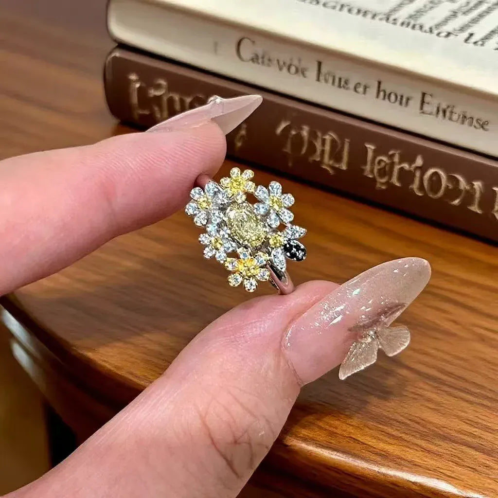 KissICON Silver / resizable Yellow Diamond Small Floral Ring Luxurious and High-end Feel Open Index Finger Ring Simple Socialite Style Jewelry Accessories