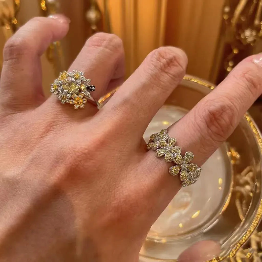 KissICON Silver / resizable Yellow Diamond Small Floral Ring Luxurious and High-end Feel Open Index Finger Ring Simple Socialite Style Jewelry Accessories