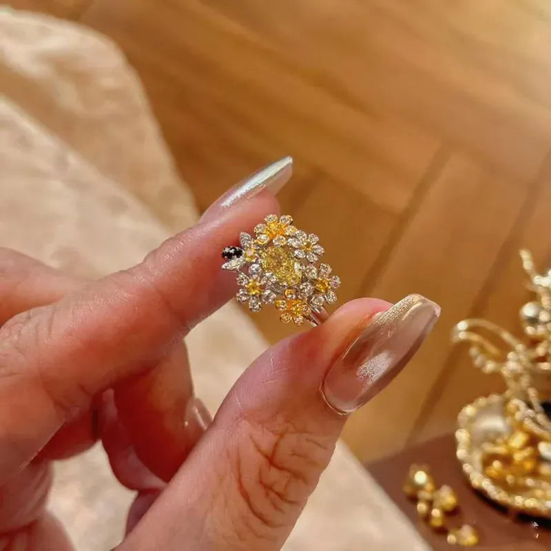 KissICON Silver / resizable Yellow Diamond Small Floral Ring Luxurious and High-end Feel Open Index Finger Ring Simple Socialite Style Jewelry Accessories