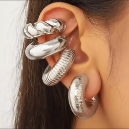KissICON Silver Set-4pcs 5pcs/set Trendy Elegant Design Ear Cuff Classic Elegant Style Gifts Women's No Piercing Clip Silver Earrings Circle Leaf Shaped