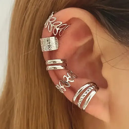 KissICON Silver Set-5pcs 5pcs/set Trendy Elegant Design Ear Cuff Classic Elegant Style Gifts Women's No Piercing Clip Silver Earrings Circle Leaf Shaped