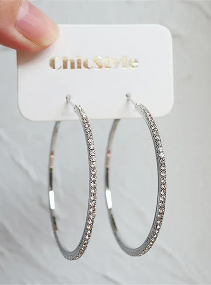 KissICON Earrings Silver Sparkling Paved Rhinestone Hoop Earrings