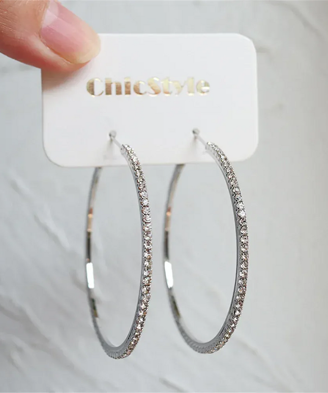KissICON Earrings Silver Sparkling Paved Rhinestone Hoop Earrings