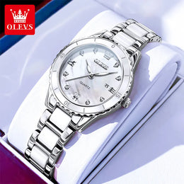 KissICON Silver White / China Mainland / Yes OLEVS Women Watch Diamond Roman Scale Waterproof Calendar Elegant Quartz Watches Ceramic Strap Luxury Original Girls Watch 9985