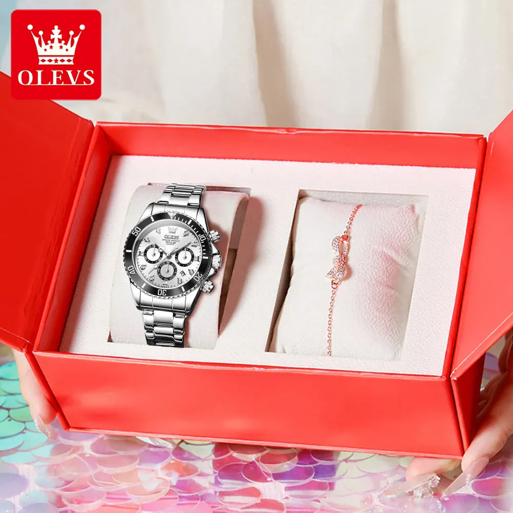 jkthpu-45 Silver White Set / Yes / CHINA KissIcon OLEVS 5632 Women Watch - Multifunction Chronograph
