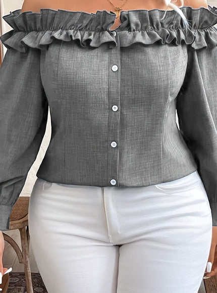 jkthpu-45 Silvery Grey / UK 18 [Elegant Blouse] Polyester Elegant Off-Shoulder Ruffle Blouse for