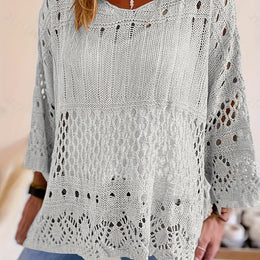 jkthpu-45 Silvery Grey / UK 26 Plus Size, Oversized Knitwear Loose-Fitting 3/4 Sleeve Sun-Protective