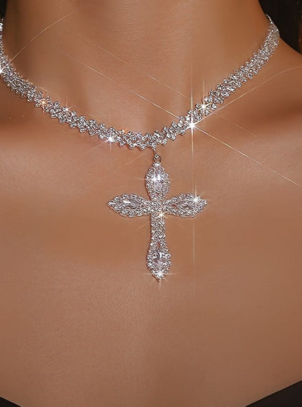 jkthpu-45 Silvery KissIcon Luxury Rhinestone Cross Pendant Necklace - Sparkle