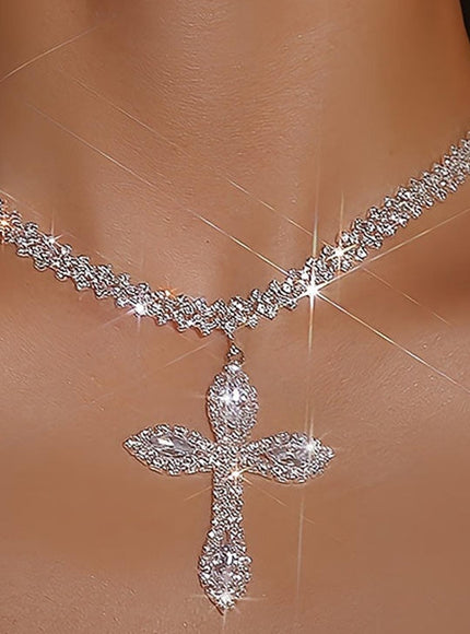 jkthpu-45 Silvery KissIcon Luxury Rhinestone Cross Pendant Necklace - Sparkle