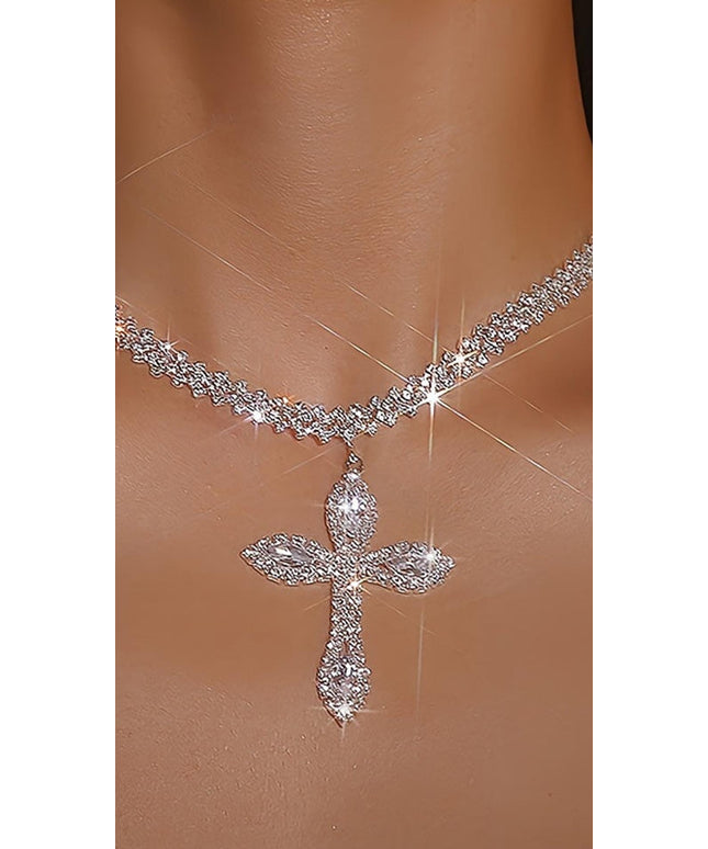 jkthpu-45 Silvery KissIcon Luxury Rhinestone Cross Pendant Necklace - Sparkle