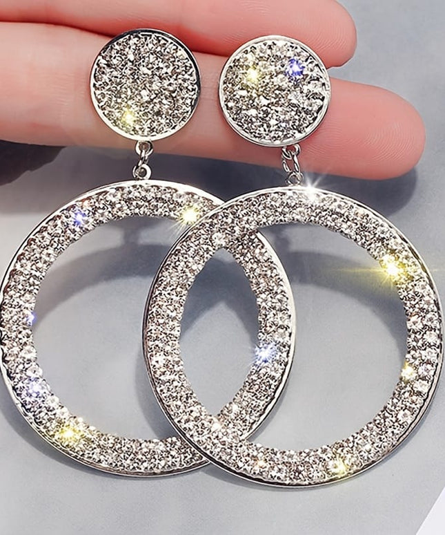 jkthpu-45 Silvery Sparkling Bohemian Geometric Round Pendant Earrings for Parties