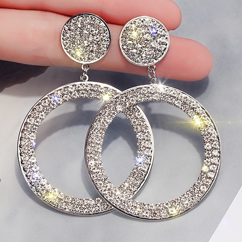 jkthpu-45 Silvery Sparkling Bohemian Geometric Round Pendant Earrings for Parties