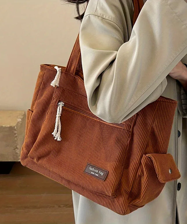 Dropshipman Simple Corduroy Tote Bag, Solid Color Shoulder Bag, Retro Multi Pockets Handbag For School Work Shopping