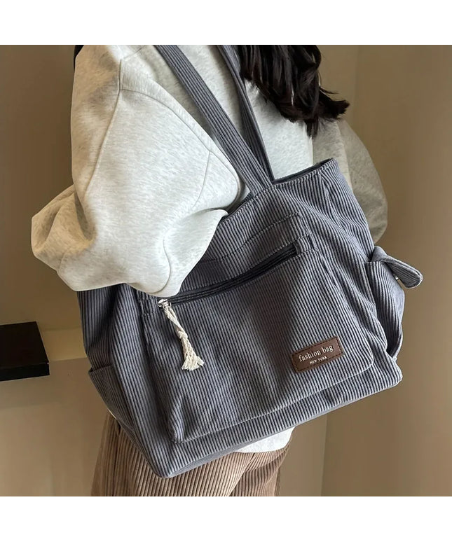 Dropshipman Simple Corduroy Tote Bag, Solid Color Shoulder Bag, Retro Multi Pockets Handbag For School Work Shopping