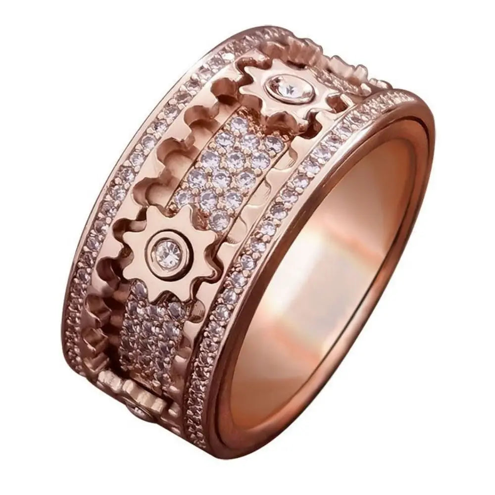 KissICON size 12 / rose gold Handmade Diamond Ornate Geometric 3D Band Ring Gear Spinner Rings Rotating Mechanical Decompression Anxiety Ring for Women Men