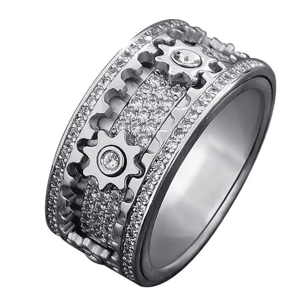 KissICON size 12 / silver Handmade Diamond Ornate Geometric 3D Band Ring Gear Spinner Rings Rotating Mechanical Decompression Anxiety Ring for Women Men