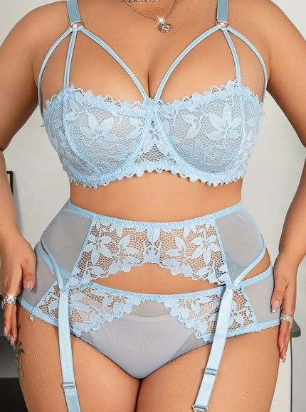 jkthpu-45 Sky Blue / 1XL Plus Size Lace Bra & Panty Set - Elegant Blue & White Lace, Adjustable Strap Design, Perfect for Adult Fashion, Adult Fashion | Lace Bra Set | Elegant Lacework